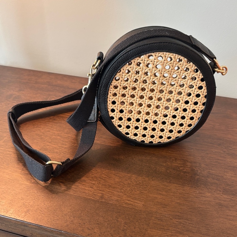 Black and Tan Round Woven Crossbody Bag